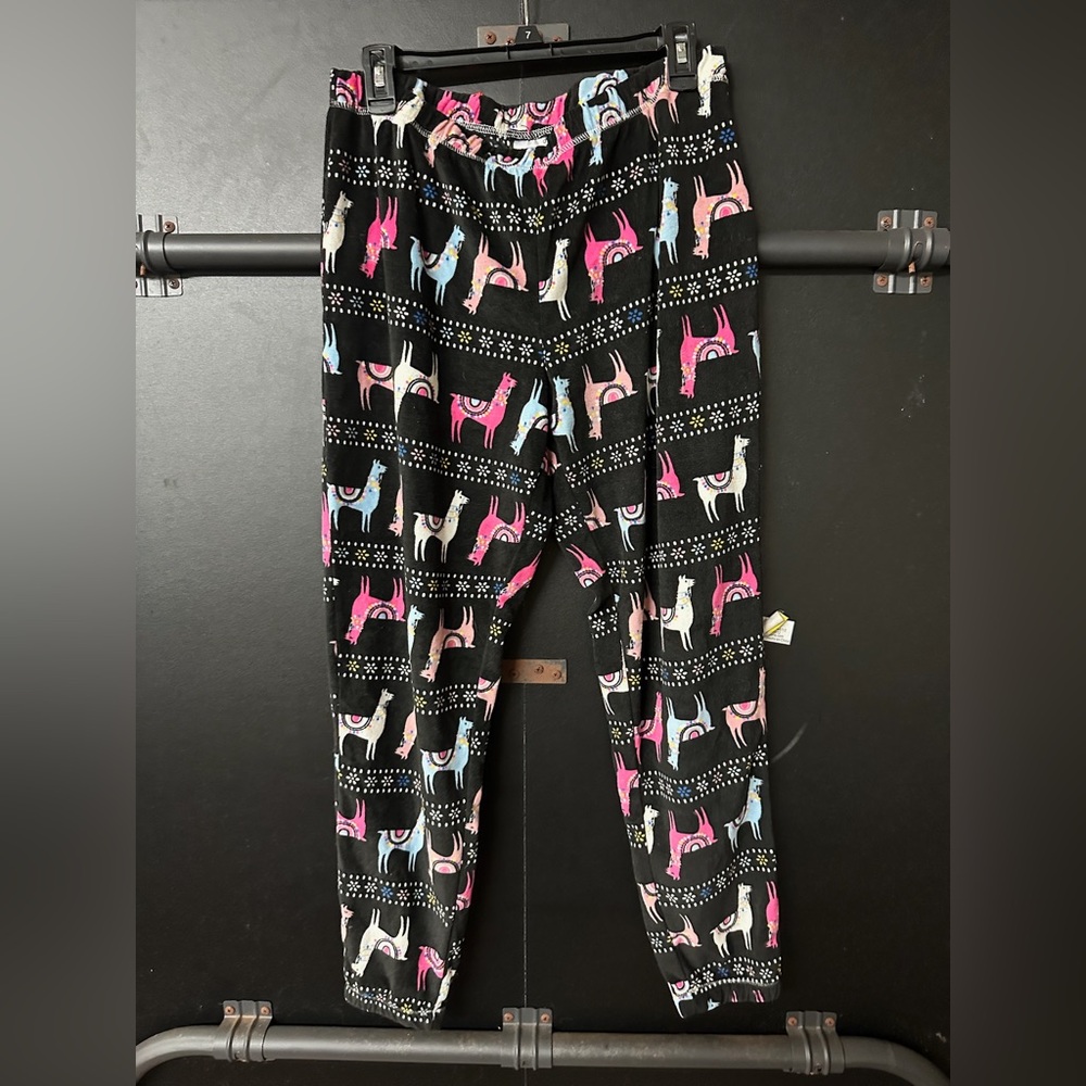 Women’s Black Fleece Llama Pajama Bottoms Cuffed Ankle Lounge Pants, M
